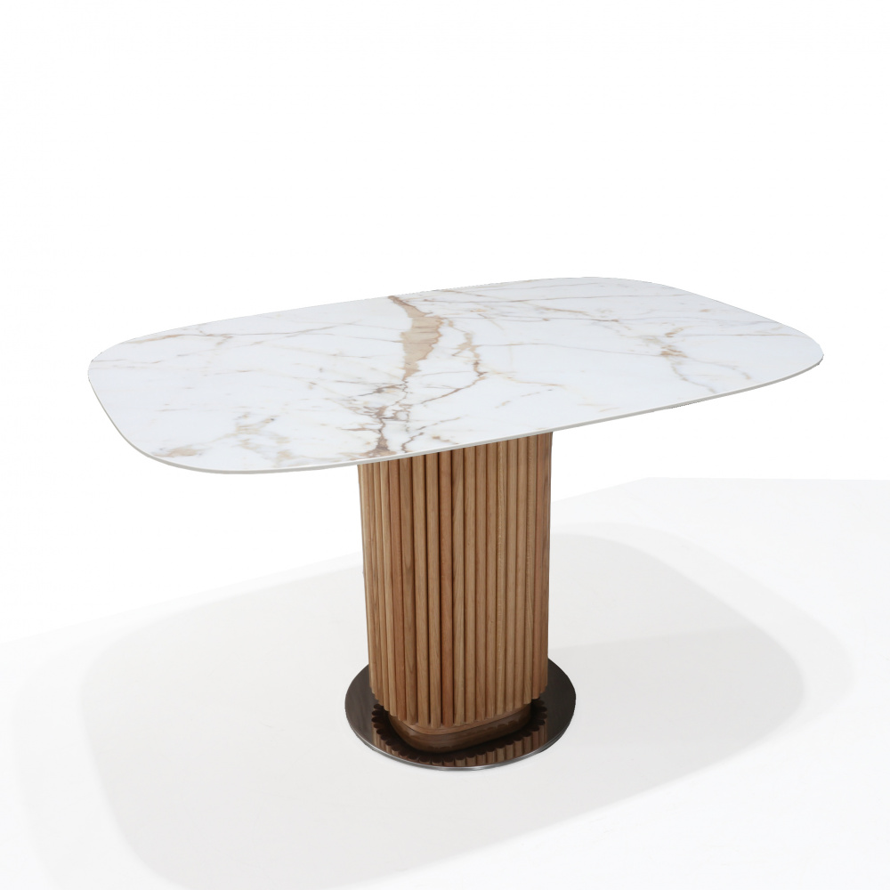 EMILIE table with barrel 160x85 cm calacatta oro marble effect ceramic top and ash wood base