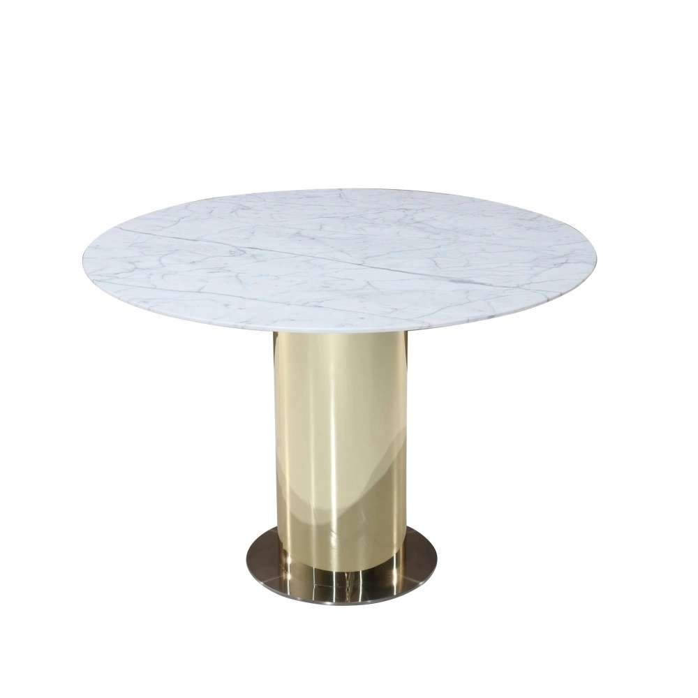 Table DANVILLE avec plateau rond dia. 120 cm en marbre Statuaire et base centrale avec feuille dorée