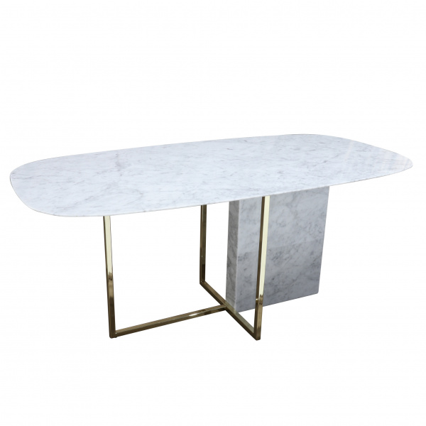 ARIZONA Tisch mit Metall- und Marmorsockel und tonnenförmiger Carrara-Marmorplatte von 180x90 cm
