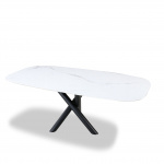 INTRECCIO table with 200x110 cm barrel top in Statuario marble effect ceramic and black lacquered metal base