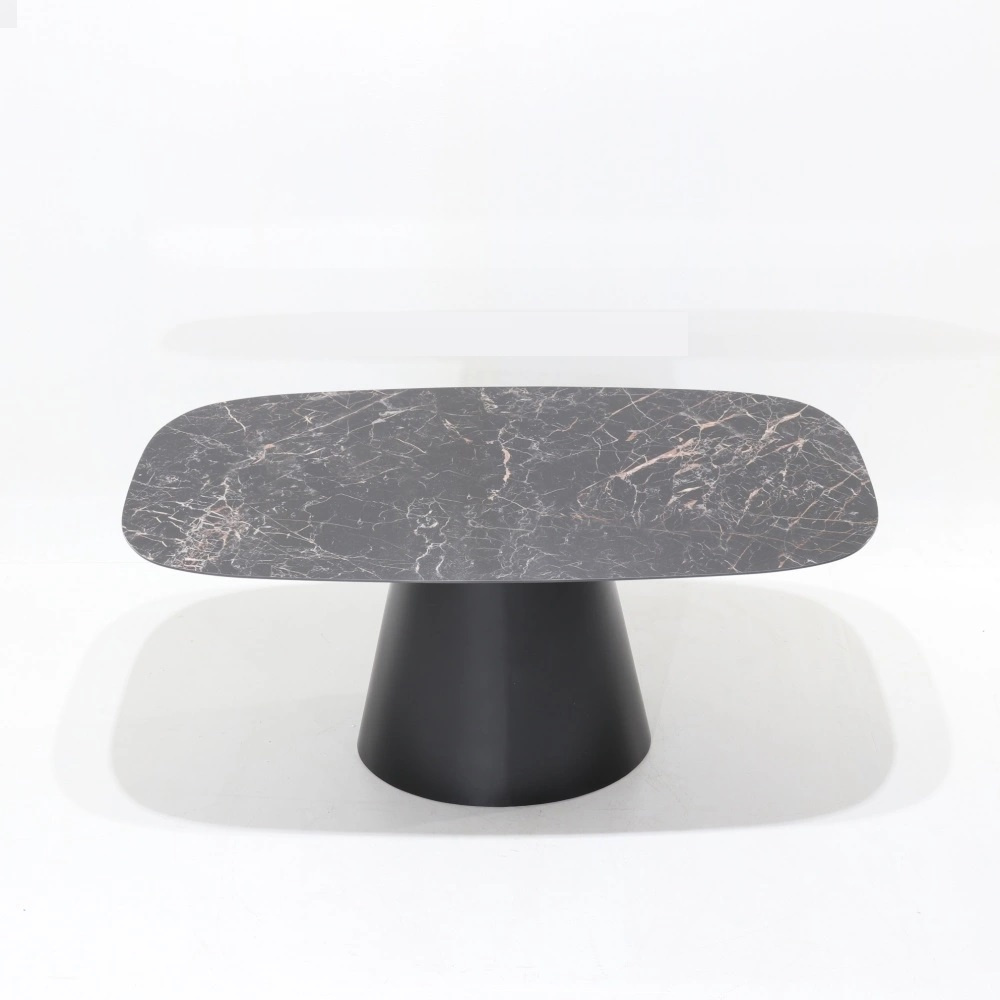 Mesa BEATRICE con tapa de cerámica efecto mármol Saint Laurent 170x100 cm forma barril con base