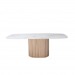 Table MILLERIGHE avec base en bois et plateau en forme de tonneau en céramique effet marbre calacatta or mesurant 180x90 cm