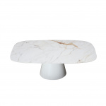 BEATRICE Tisch mit tonnenförmiger Keramikplatte mit Statuenmarmoreffekt von 200x110 cm und weißer Mittelbasis