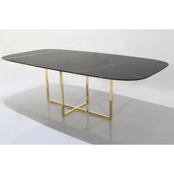 Table Kross avec plateau en forme de tonneau 200 x 110 cm en marbre noir de Guinée et base en chrome doré