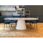 BEATRICE table with barrel-shaped ceramic top with statuary marble effect measuring 200x110 cm and white central base