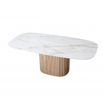Stół MILLERIGHE z drewnianą podstawą i blatem w kształcie beczki z ceramiki z efektem złotego marmuru calacatta o wymiarach 180x90 cm
