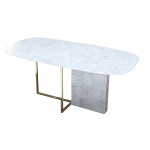 Stół ARIZONA z metalową i marmurową podstawą oraz blatem z marmuru carrara w kształcie beczki o wymiarach 180x90 cm