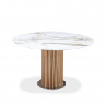 Mesa EMILIE con barril 160x85 cm calacatta oro tapa de cerámica efecto mármol y base de madera de fresno