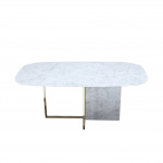 Stół ARIZONA z metalową i marmurową podstawą oraz blatem z marmuru carrara w kształcie beczki o wymiarach 180x90 cm
