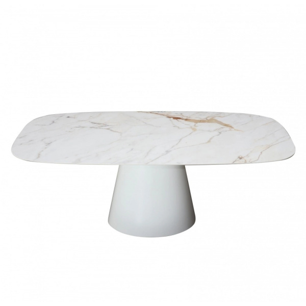 BEATRICE table with barrel-shaped ceramic top with statuary marble effect measuring 200x110 cm and white central base