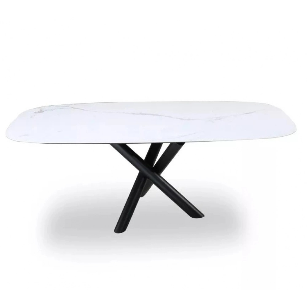 INTRECCIO Tisch mit 200x110 cm Laufplatte aus Statuario Marmoreffekt Keramik und schwarz lackiertem Metallfuß