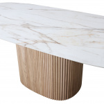 MILLERIGHE table with wooden base and barrel-shaped top in calacatta gold marble effect ceramic measuring 180x90 cm