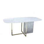 Table ARIZONA avec base en métal et marbre et plateau en marbre de Carrare en forme de tonneau mesurant 180x90 cm