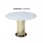Tavolo DANVILLE con piano tondo dia. 120 cm in marmo Statuario e base centrale con lamina dorata