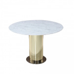 Table DANVILLE avec plateau rond dia. 120 cm en marbre Statuaire et base centrale avec feuille dorée