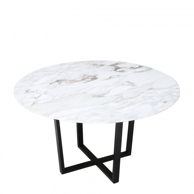 Table de salon avec plateau rond en marbre et pied central en bois
