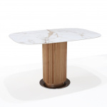 Stół EMILIE z beczką 160x85 cm z blatem ceramicznym z efektem marmuru calacatta oro i podstawą z drewna jesionowego