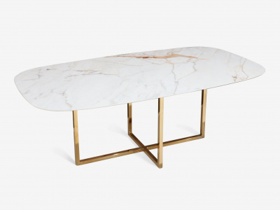 TABLE KROSS - table à manger avec pied central en acier chromé or et plateau en céramique